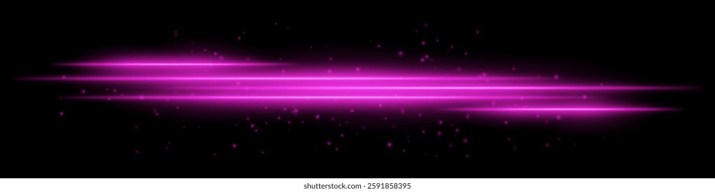 Abstract glowing pink light streaks on a dark background. Multiple parallel neon beams with radiant flare, motion blur, and scattered particles create a futuristic and dynamic energy effect