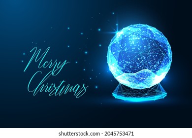 Resumen del brillante globo de nieve poligonal aislado en un fondo azul oscuro. Merry Christmas plantilla de tarjeta de felicitación digital. Ilustración vectorial de diseño de alambre futurista moderno. 