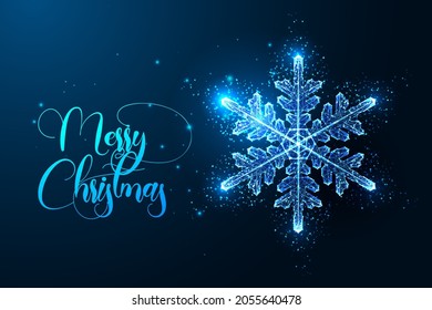 Abstract glowing polygonal snowflake isolated on dark blue background. Merry Christmas greeting card