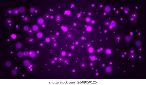 Abstract glowing purple bokeh background with sparkling light effects. Beautiful blurred circles and star light flares on a dark backdrop. Perfect for festive, party, or celebration designs, banners.