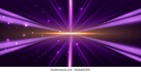 Abstract glowing purple diagonal light ray on dark purple background with lighting effect and sparkle. Luxury design style. Vector illustration