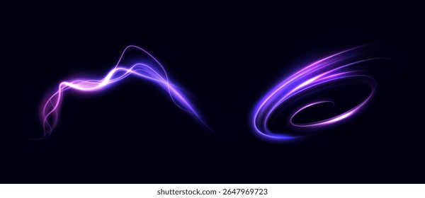 Efeitos de luz roxo brilhante abstrato com movimento giratório e onda de energia no fundo escuro. Projetado para temas de ficção científica, interfaces ou visuais de aceleração digital.

