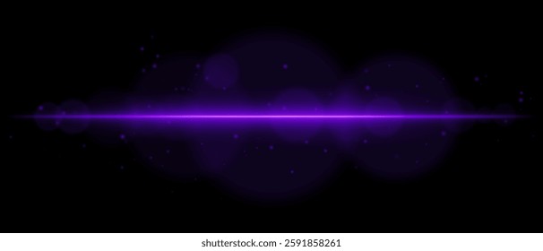 Abstract glowing purple light streak on a dark background. A horizontal neon beam with radiant flare, bokeh effects, and floating particles creates a futuristic and dynamic energy glow