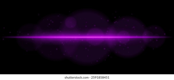 Abstract glowing purple light streak on a dark background. A horizontal neon beam with radiant flare, bokeh effects, and floating particles creates a futuristic and dynamic energy glow