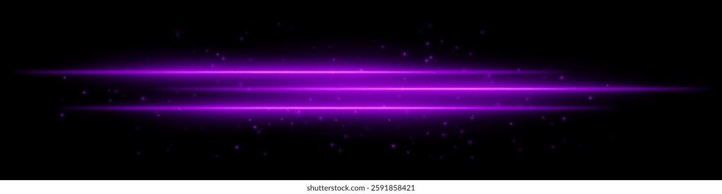 Abstract glowing purple light streaks on a dark background. Three parallel neon beams with radiant flare, motion blur, and scattered particles create a futuristic and dynamic energy effect