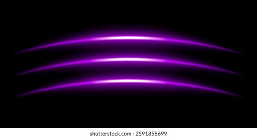 Abstract glowing purple light streaks dark background. Three curved energy lines with a bright neon effect create a futuristic and dynamic composition. Illumination with smooth gradients motion blur