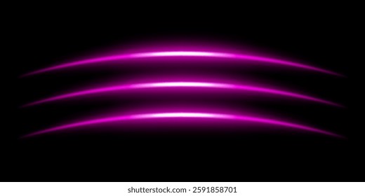 Abstract glowing purple light streaks dark background. Three curved energy lines with a bright neon effect create a futuristic and dynamic composition. Illumination with smooth gradients motion blur