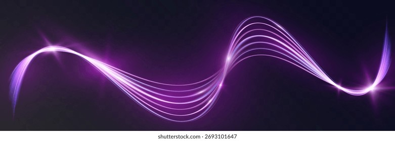 Abstract glowing purple light waves on dark background.