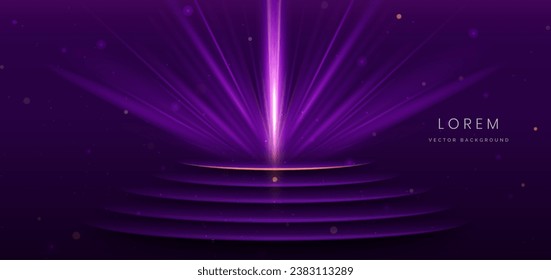 Abstract glowing purple vertical lighting lines on dark purple background with curved stairs. Luxury design style. Vector illustration