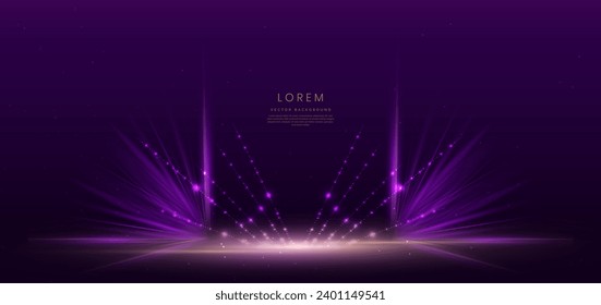 Abstract glowing purple vertical lighting lines on dark purple background with lighting effect and sparkle. Luxury design style. Vector illustration