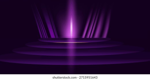 Abstract glowing purple vertical lighting lines on dark purple background with curved stairs. Luxury design style. Vector illustration