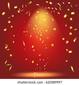 Abstract glowing red background with many falling tiny confetti pieces.Texture for celebration, carnival, birthday,Christmas,Happy new year and Chinese new year.Product  Showscase Spotlight texture.