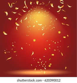 Abstract glowing red background with many falling tiny confetti pieces.Texture for celebration, carnival, birthday,Christmas,Happy new year and Chinese new year.Product  Showscase Spotlight texture.