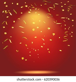 Abstract glowing red background with many falling tiny confetti pieces.Texture for celebration, carnival, birthday,Christmas,Happy new year and Chinese new year.Product  Showscase Spotlight texture.
