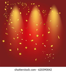 Abstract glowing red background with many falling tiny confetti pieces.Texture for celebration, carnival, birthday,Christmas,Happy new year and Chinese new year.Product  Showscase Spotlight texture.