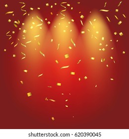 Abstract glowing red background with many falling tiny confetti pieces.Texture for celebration, carnival, birthday,Christmas,Happy new year and Chinese new year.Product  Showscase Spotlight texture.