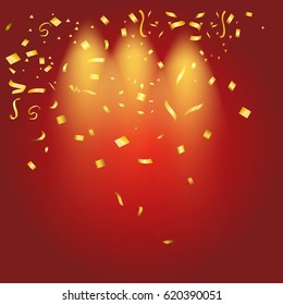 Abstract glowing red background with many falling tiny confetti pieces.Texture for celebration, carnival, birthday,Christmas,Happy new year and Chinese new year.Product  Showscase Spotlight texture.