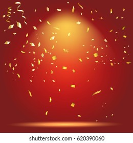 Abstract glowing red background with many falling tiny confetti pieces.Texture for celebration, carnival, birthday,Christmas,Happy new year and Chinese new year.Product  Showscase Spotlight texture.