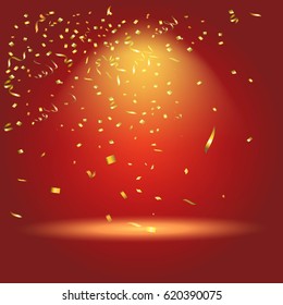 Abstract glowing red background with many falling tiny confetti pieces.Texture for celebration, carnival, birthday,Christmas,Happy new year and Chinese new year.Product  Showscase Spotlight texture.