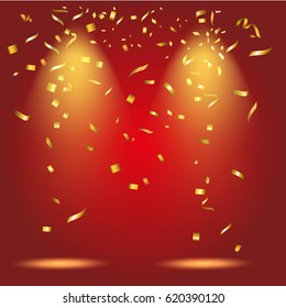 Abstract glowing red background with many falling tiny confetti pieces.Texture for celebration, carnival, birthday,Christmas,Happy new year and Chinese new year.Product  Showscase Spotlight texture.