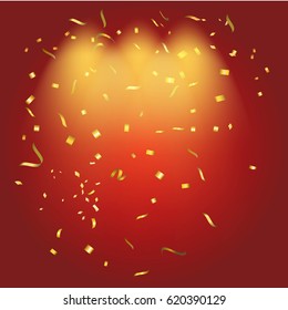 Abstract glowing red background with many falling tiny confetti pieces.Texture for celebration, carnival, birthday,Christmas,Happy new year and Chinese new year.Product  Showscase Spotlight texture.