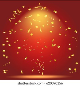 Abstract glowing red background with many falling tiny confetti pieces.Texture for celebration, carnival, birthday,Christmas,Happy new year and Chinese new year.Product  Showscase Spotlight texture.