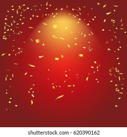 Abstract glowing red background with many falling tiny confetti pieces.Texture for celebration, carnival, birthday,Christmas,Happy new year and Chinese new year.Product  Showscase Spotlight texture.