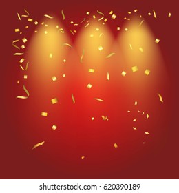 Abstract glowing red background with many falling tiny confetti pieces.Texture for celebration, carnival, birthday,Christmas,Happy new year and Chinese new year.Product  Showscase Spotlight texture.