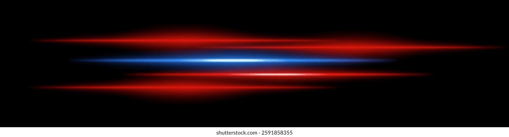 Abstract glowing red and blue light streaks on a dark background. Multiple parallel neon beams with radiant flare and motion blur create a futuristic speed and energy effect