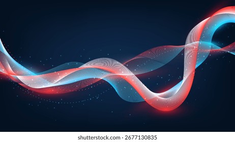 abstrakte leuchtende rote und blaue Lichtwellen auf dunklem Hintergrund mit hellen Teilchen evozieren moderne Technologie Datenkommunikation Energie