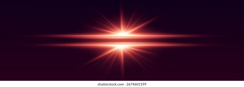 Abstrakt leuchtendes rotes Licht mit leuchtenden Strahlen und Reflexion auf dunklem Hintergrund.