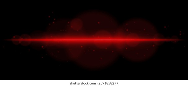 Abstract glowing red light streak on a dark background. A horizontal neon beam with radiant flare, bokeh effects, and floating particles creates a futuristic and dynamic energy glow
