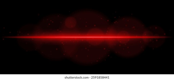 Abstract glowing red light streak on a dark background. A horizontal neon beam with radiant flare, bokeh effects, and floating particles creates a futuristic and dynamic energy glow