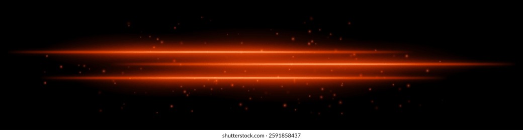 Abstract glowing red light streaks on a dark background. Three parallel neon beams with radiant flare, motion blur, and scattered particles create a futuristic and dynamic energy effect