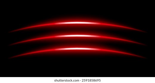 Abstract glowing red light streaks dark background. Three curved energy lines with a bright neon effect create a futuristic and dynamic composition. Illumination with smooth gradients motion blur