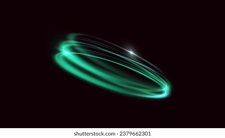 Abstract glowing ring in cyberpunk style. A bright train of luminous rays swirling in rapid motion. Light golden swirl. Vector