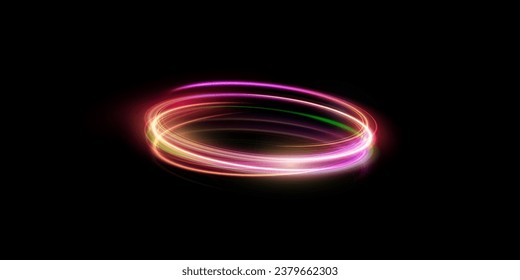 Abstract glowing ring in cyberpunk style. A bright train of luminous rays swirling in rapid motion. Light golden swirl. Vector