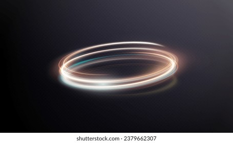 Anillo de brillo abstracto al estilo ciberpunk. Un tren brillante de rayos luminosos girando en movimiento rápido. Giro dorado claro. Vector