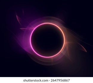 Abstract glowing ring with pink and gold light lines on dark background. Suitable for digital technology, sci-fi energy effects and modern interface visual effects.	