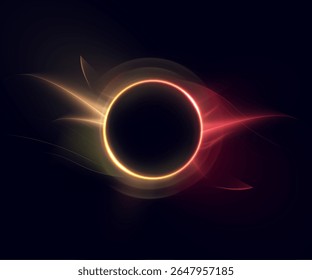 Abstract glowing ring with red and gold light lines on dark background. Suitable for digital technology, sci-fi energy effects and modern interface visual effects.	