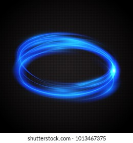 Abstract glowing rings. Blue neon circles. A bright trace from the blazing rays of swirling in a fast motion in a spiral. Slow shutter speed effect. Transparent light vector illustration