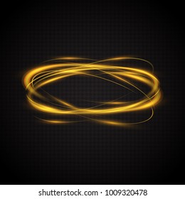 Abstract glowing rings. A bright trace from the blazing yellow rays of swirling in a fast motion in a spiral. Transparent light effect. Vector illustration