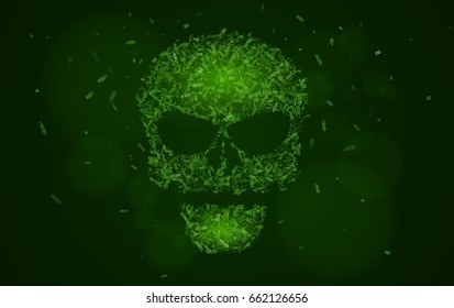 Abstract glowing skull of green color from the symbols. Tags of programming languages. Database. Hacking system hackers. Html, php, css, java. Vector illustration. EPS 10