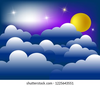 Abstract glowing sky background with shiny stars, moon and clouds. Vector illustration. Decorative modern design.