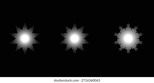 Abstractas copo de nieve brillante y Formas de estrellas sobre fondo negro. Elementos de diseño digitales modernos con efectos de luz.