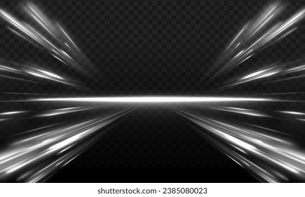 Resumen de líneas de velocidad brillantes, autos en movimiento con luces blancas en una carretera oscura. Seguimiento de la bengala del fuego de la luz del brillo del vector. Imagen abstracta del movimiento de velocidad en la carretera.	