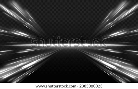 Abstract glowing speed lines, moving cars with white headlights on a dark highway. Vector glitter light fire flare trace. Abstract image of speed motion on the road.	