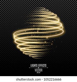 Abstract glowing sphere from golden neon lines on a transparent background. Flying Luminous Magic Dust. Light effect. Graphic element. Vector illustration. EPS 10