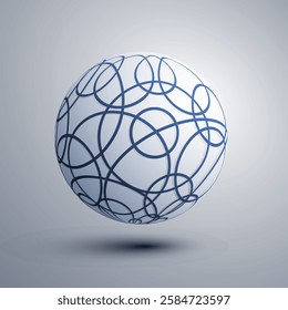 Abstract glowing sphere of tangled curvy, circular blue lines on a grey background. The intricate pattern creates depth and complexity, resembling a celestial web or a delicate network of light.