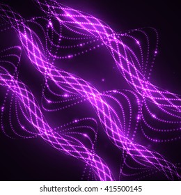 Abstract glowing spiral, particles lights. Dark 3D wireframe background. Bright purple lines. Vector graphic design.